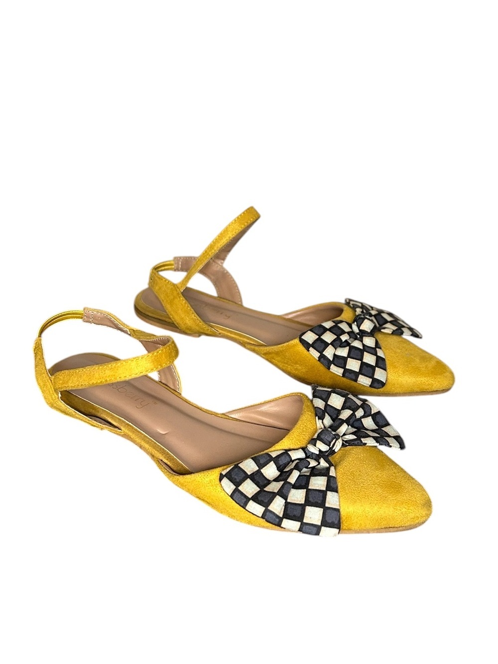 Yellow Pointed-Toe Slingback Flats with Checker Bow - Size 6